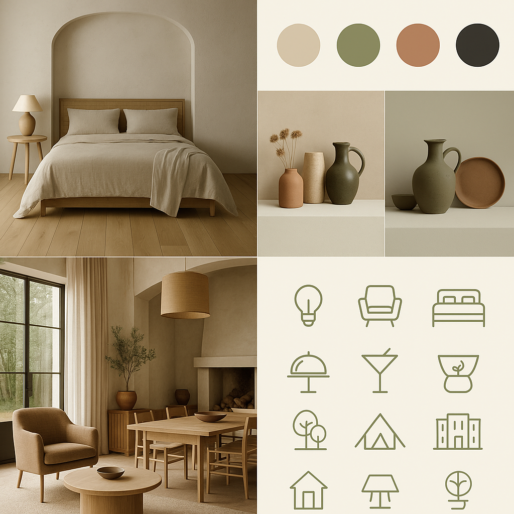 Une décoration intérieure minimaliste avec une chambre, une salle à manger et une palette de couleurs terreuses. La chambre comporte un lit avec des coussins, une table de chevet avec une lampe, des vases avec des fleurs. La salle à manger a un arbre en pot, une grande suspension, et une table en bois avec des chaises. La palette de couleurs comprend des tons neutres, verts, bruns et noirs. Il y a aussi des icônes de meubles et d'objets d'éclairage.