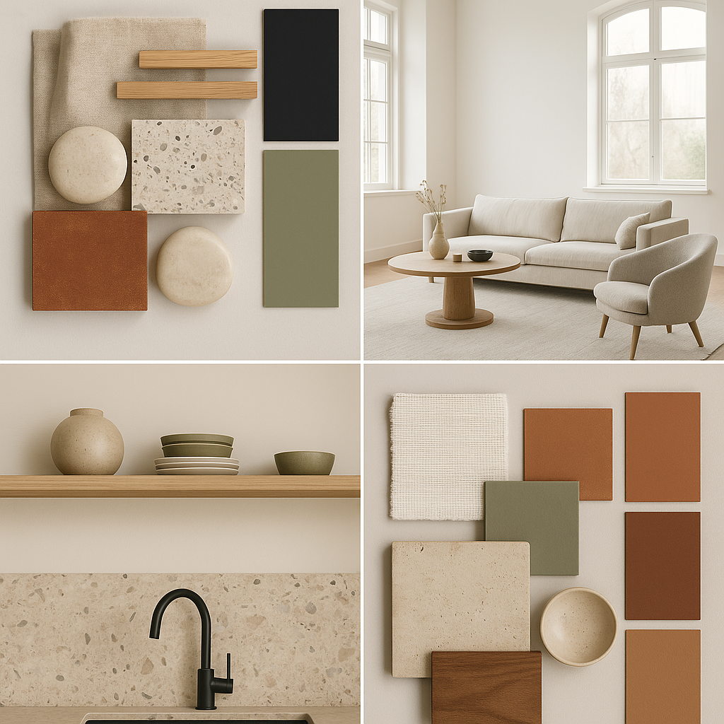 Quatre images montrant des éléments de décoration intérieure d'une maison avec un style minimaliste et naturel, incluant des planches de couleurs, un salon avec un canapé beige, une table basse en bois, des céramiques et un évier avec un robinet noir.