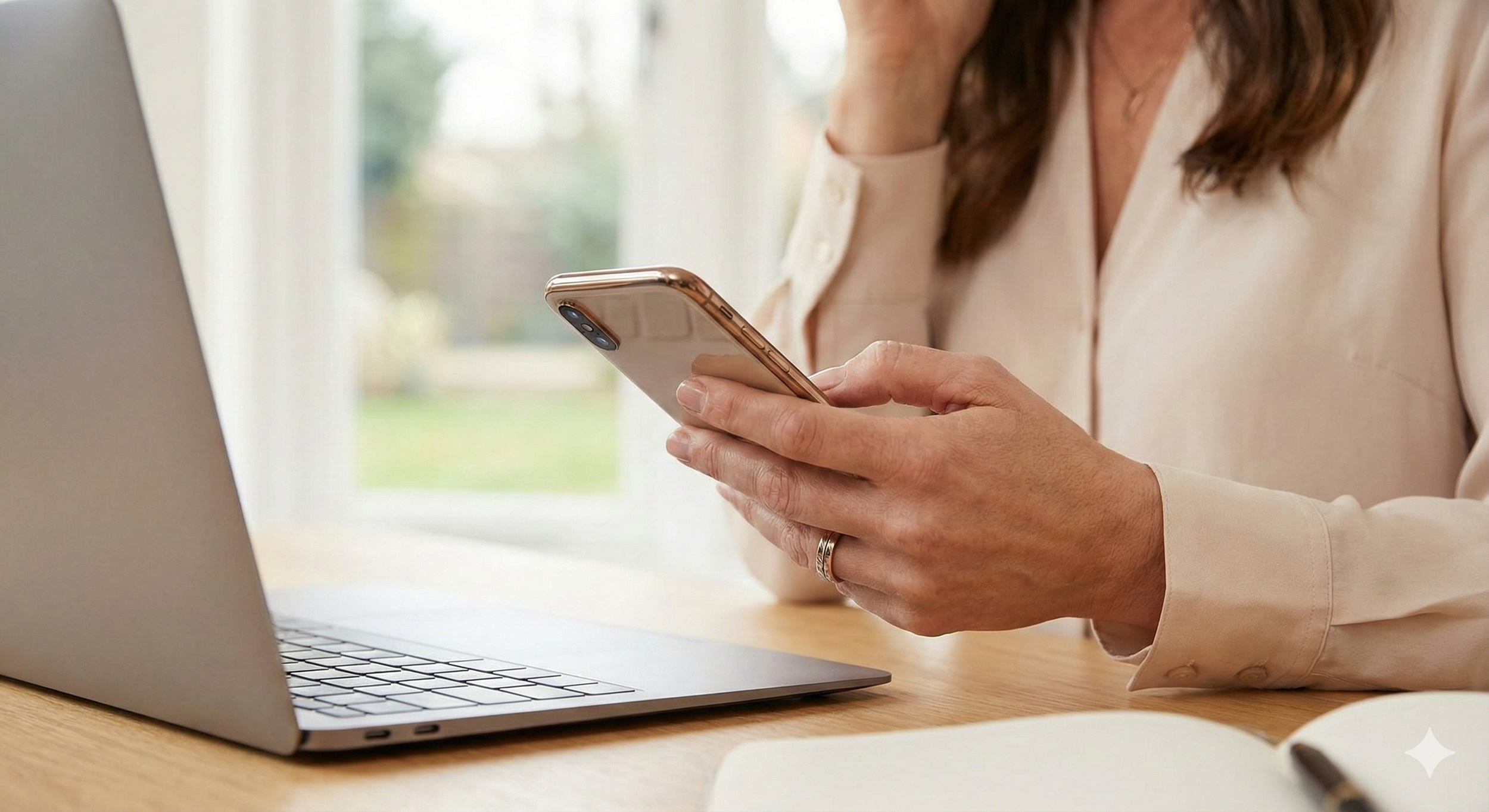 Femme tenant un smartphone en main devant un ordinateur portable sur une table, avec un livre ouvert à côté, dans un environnement lumineux et aéré.