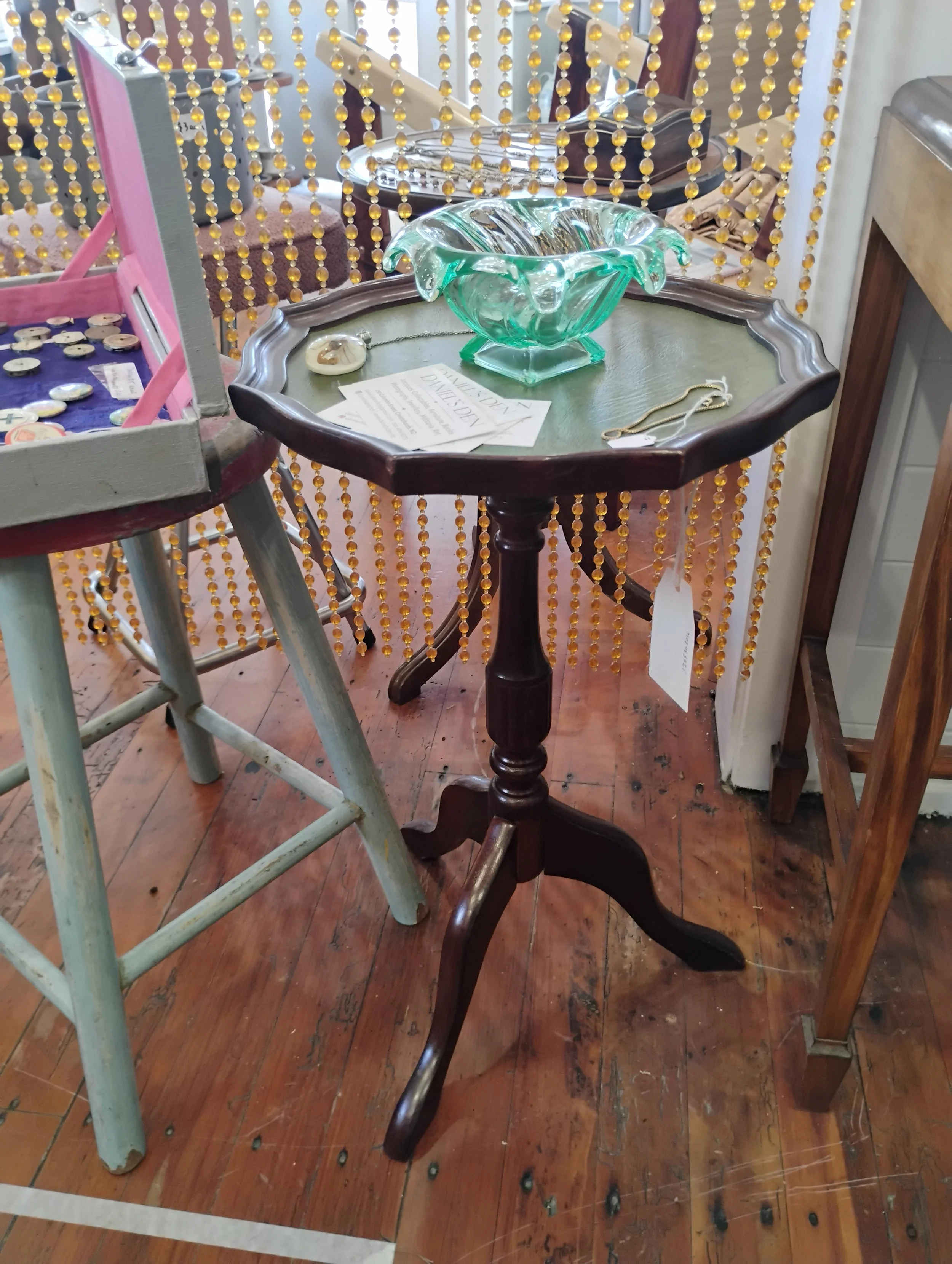 Vintage Green Leather Side Table with Tripod Feet
