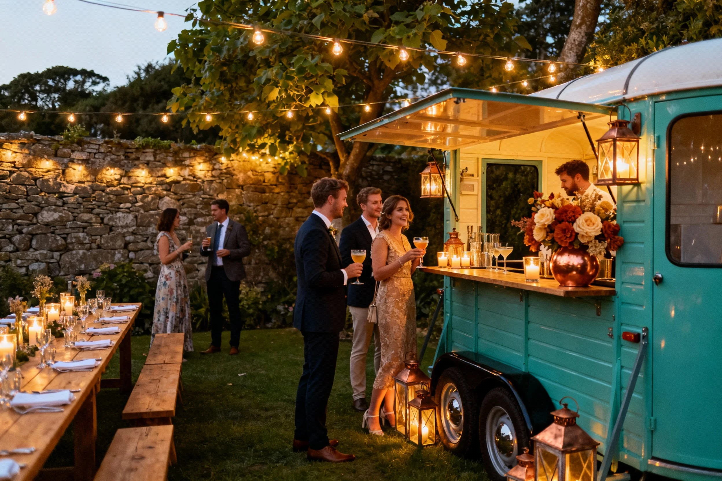 Teal converted horse trailer mobile bar set up at a coastal wedding in Cornwall
