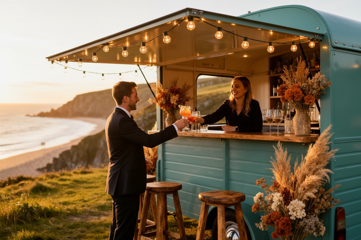 Close up of signature cocktails served on a rustic wooden bar