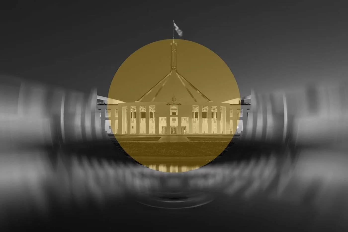 Image of Canberra's parliament house with a yellow circle and a radial blur effect