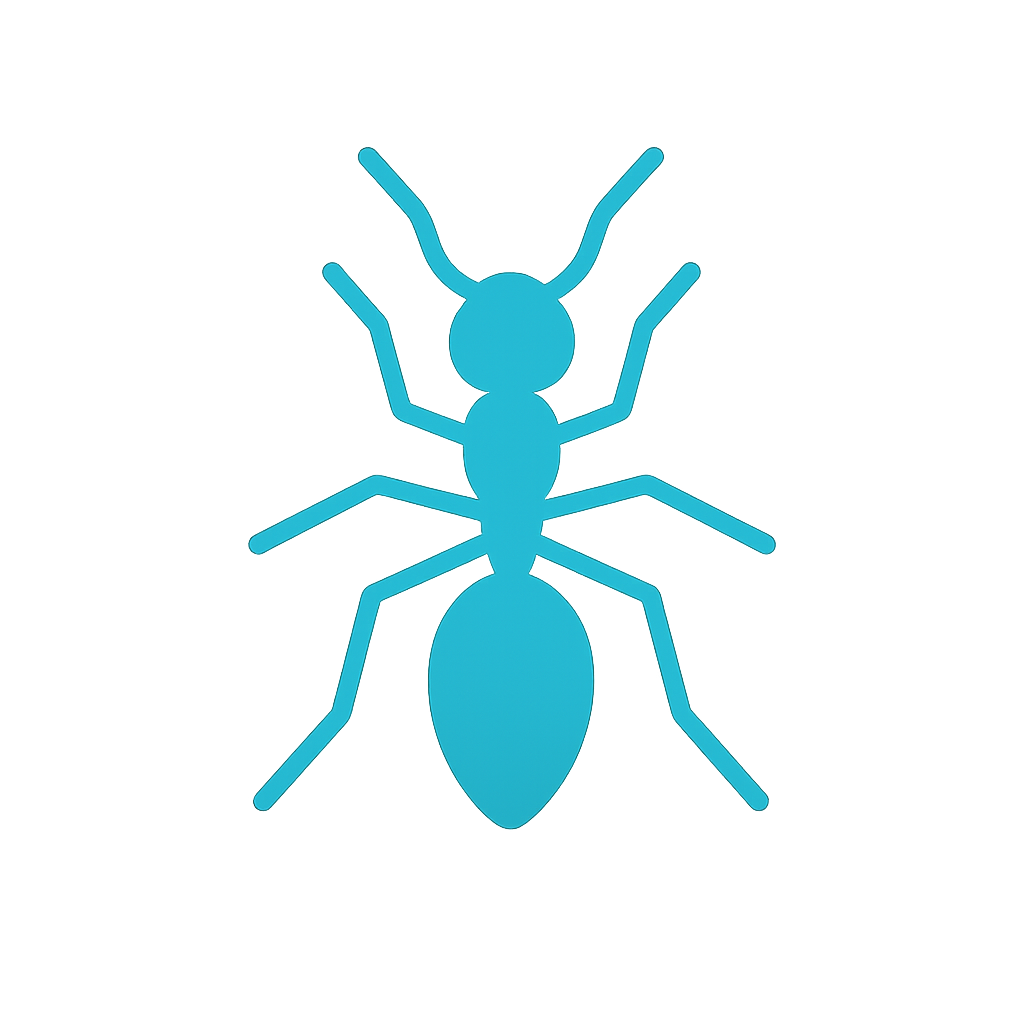 Blue digital illustration of an ant with wings on a black background.