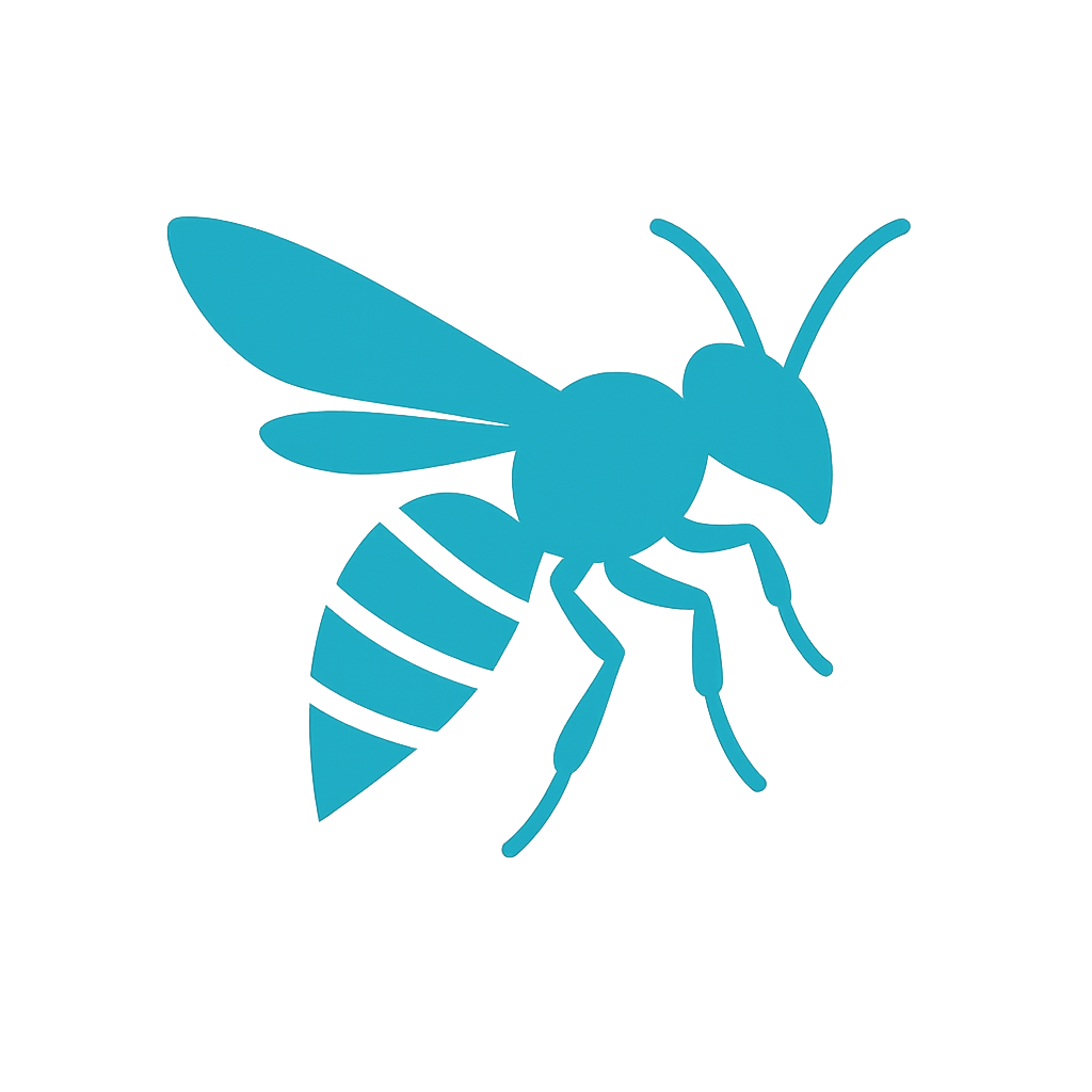 Blue silhouette of a bee with detailed wings, antennae, and striped abdomen.