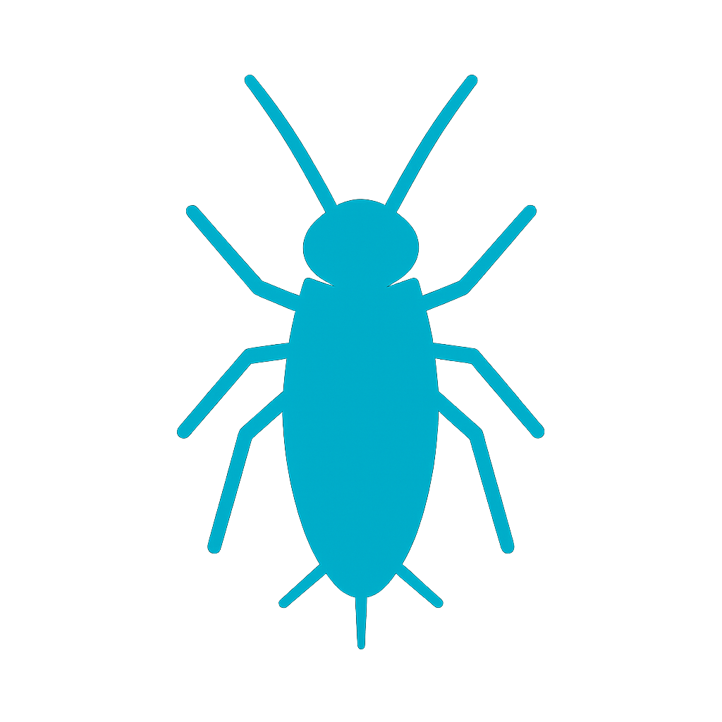 Blue line drawing of a bug or insect with six legs, antennae, and a segmented body.