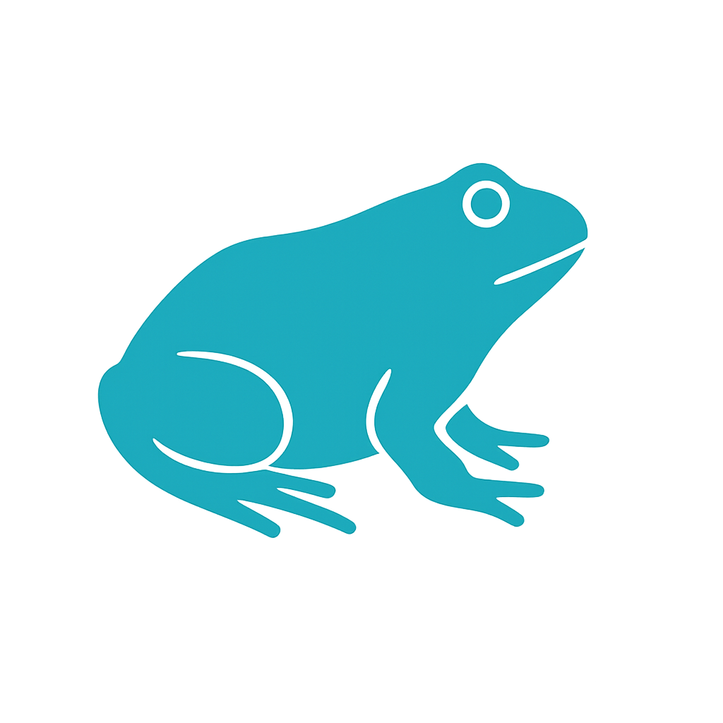Blue silhouette of a frog facing right