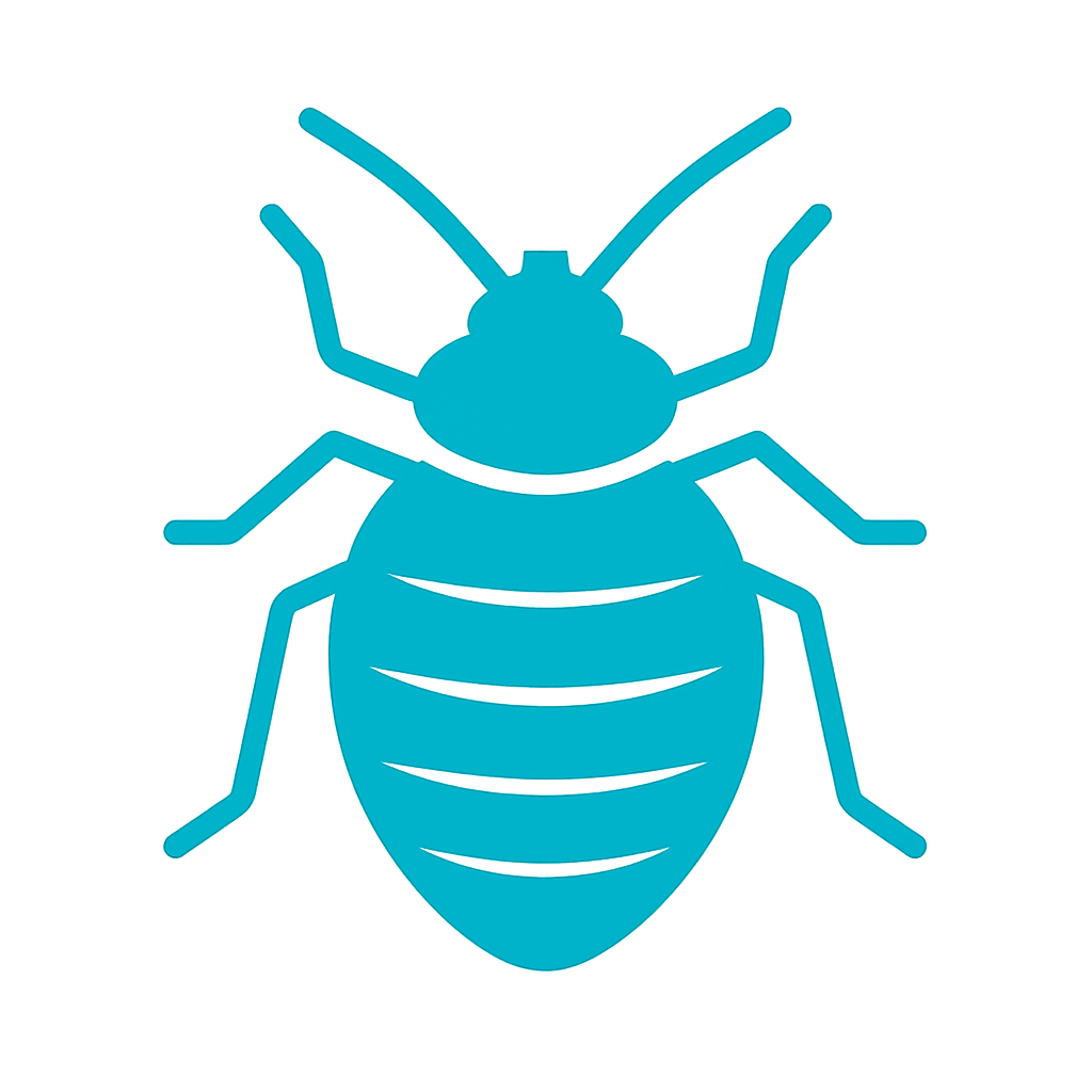 Blue silhouette of a bed bug against a black background.