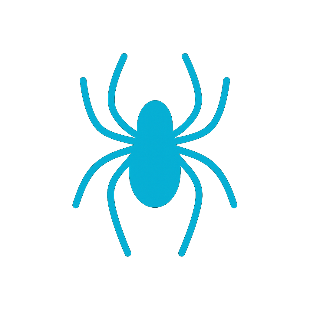 Neon sign of a spider in blue color on a dark background.