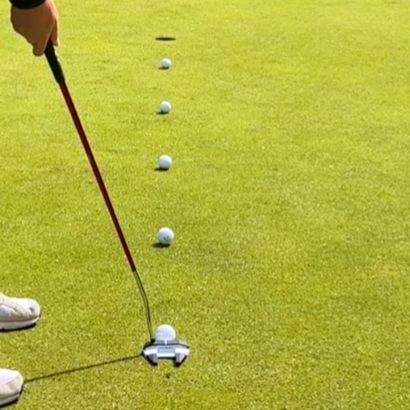 Een golfbal en een golfclub op een greens, met vier andere golfballen op een rij verderop op het baan.