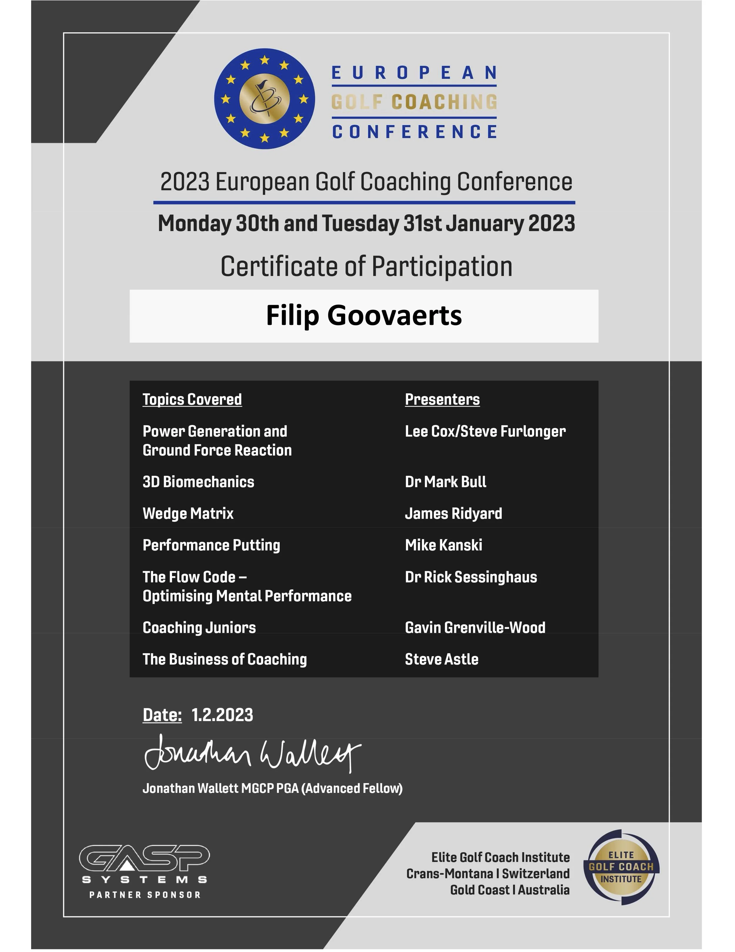 Certificaat van deelname aan de Europese Golf Coaching Conferentie op 30 en 31 januari 2023, uitgereikt aan Filip Govaerts, met informatie over onderwerpen en sprekers, ondertekend door Jonathan Wallett.