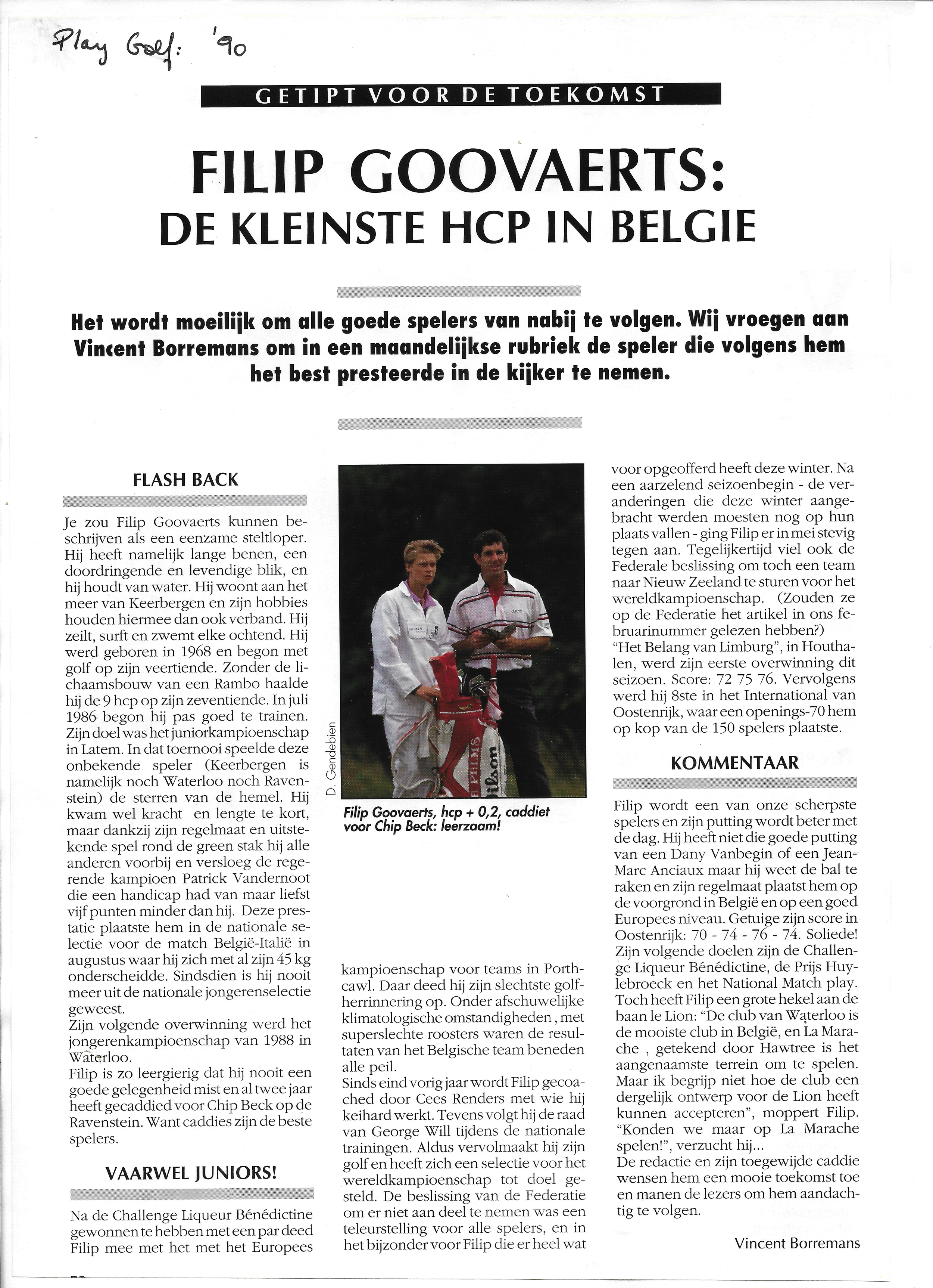 Artikel over Filip Goovaerts, een Belgische golfspeler, met een foto van hem met een vrouwelijke partner op een golfbaan. Artikel bespreekt zijn prestaties en doelen.