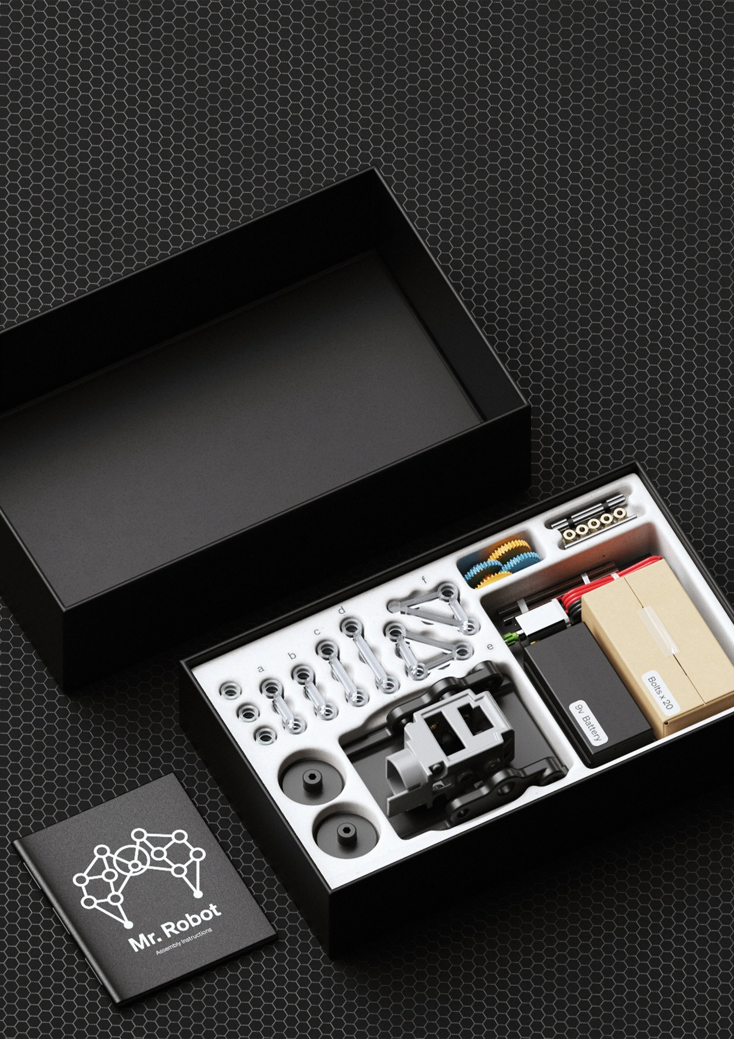 Mr Robot build-it-yourself educational engineering kit designed by Andrew Roberts, featuring Klann Linkage and Strandbeest mechanisms with moving legs for hands-on STEM learning