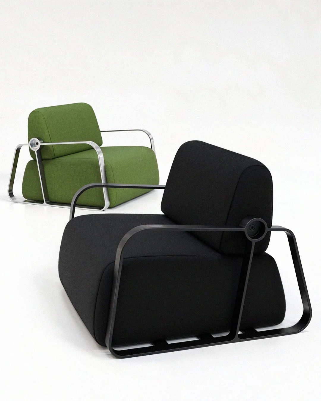 Putney Chair by New Zealand designer Andrew Roberts — a contemporary lounge chair combining soft moulded foam upholstery with a cast aluminium frame and armrests, designed for comfort, durability, and modern interior spaces.