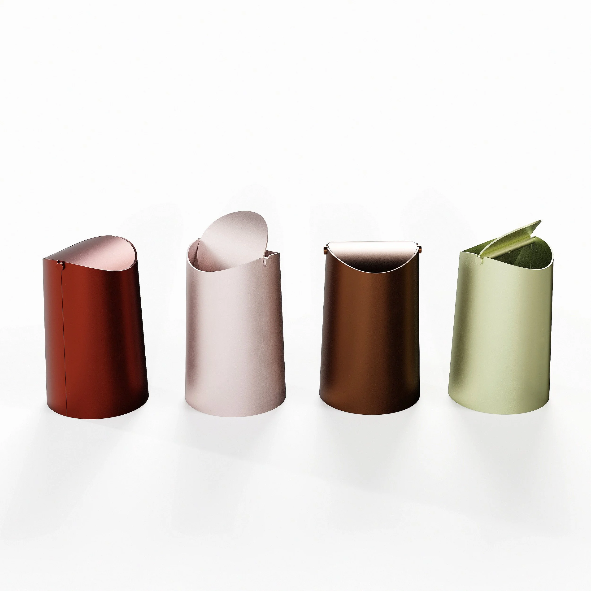 Flippy waste bin designed by Andrew Roberts, featuring a cone-shaped rolled steel body with fitted pivoting lid and minimal welded construction for modern interior use.
