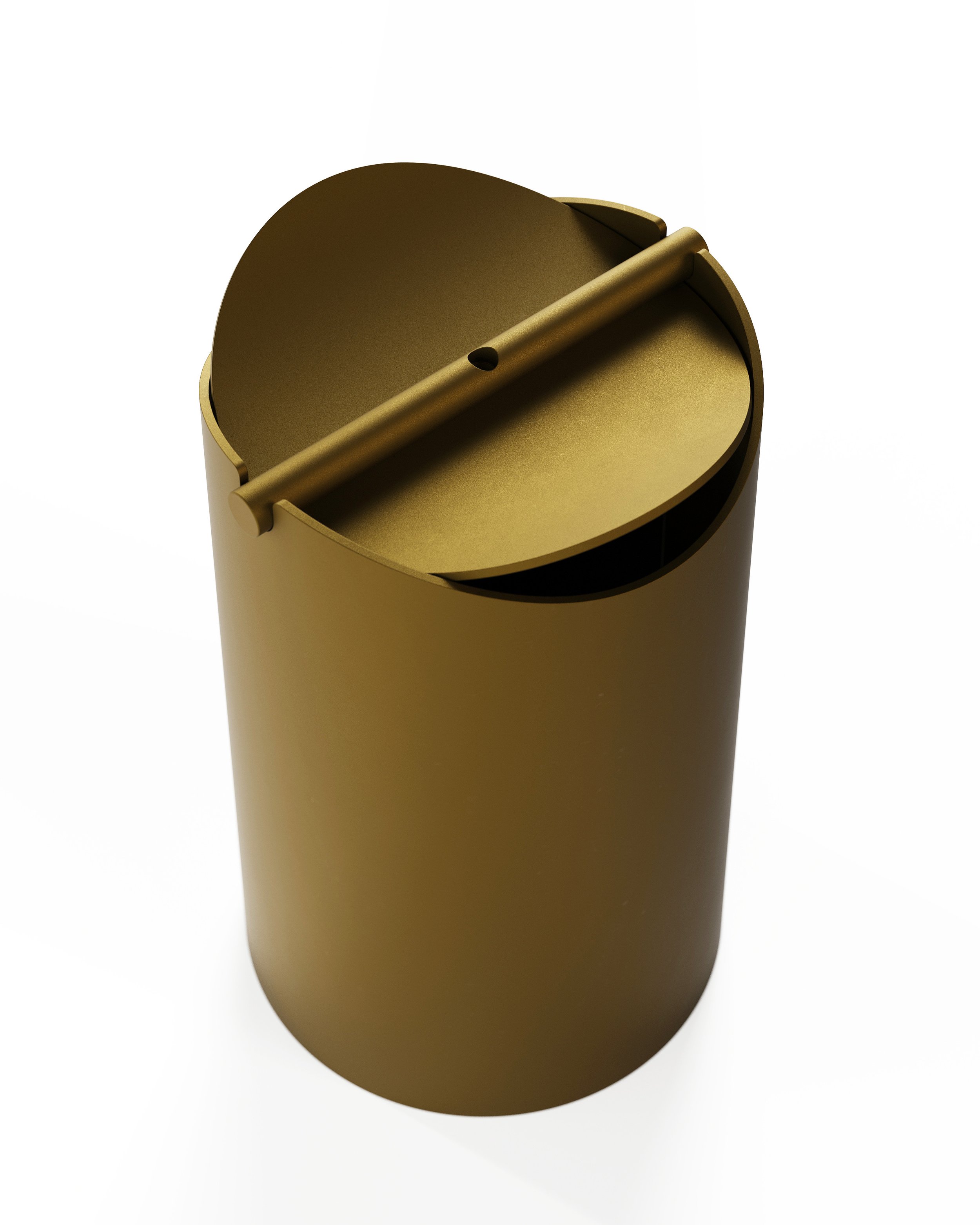 Flippy waste bin designed by Andrew Roberts, featuring a cone-shaped rolled steel body with fitted pivoting lid and minimal welded construction for modern interior use.