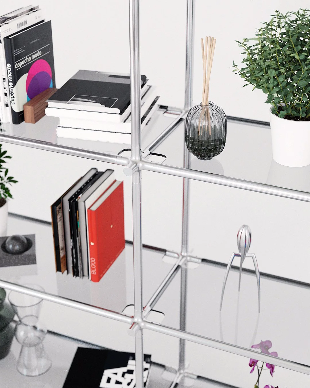 Knuckle Bones by Andrew Roberts modular shelving system featuring cast joint connectors, laser-cut steel tubing, and press-fit components arranged in a configurable structural storage layout.