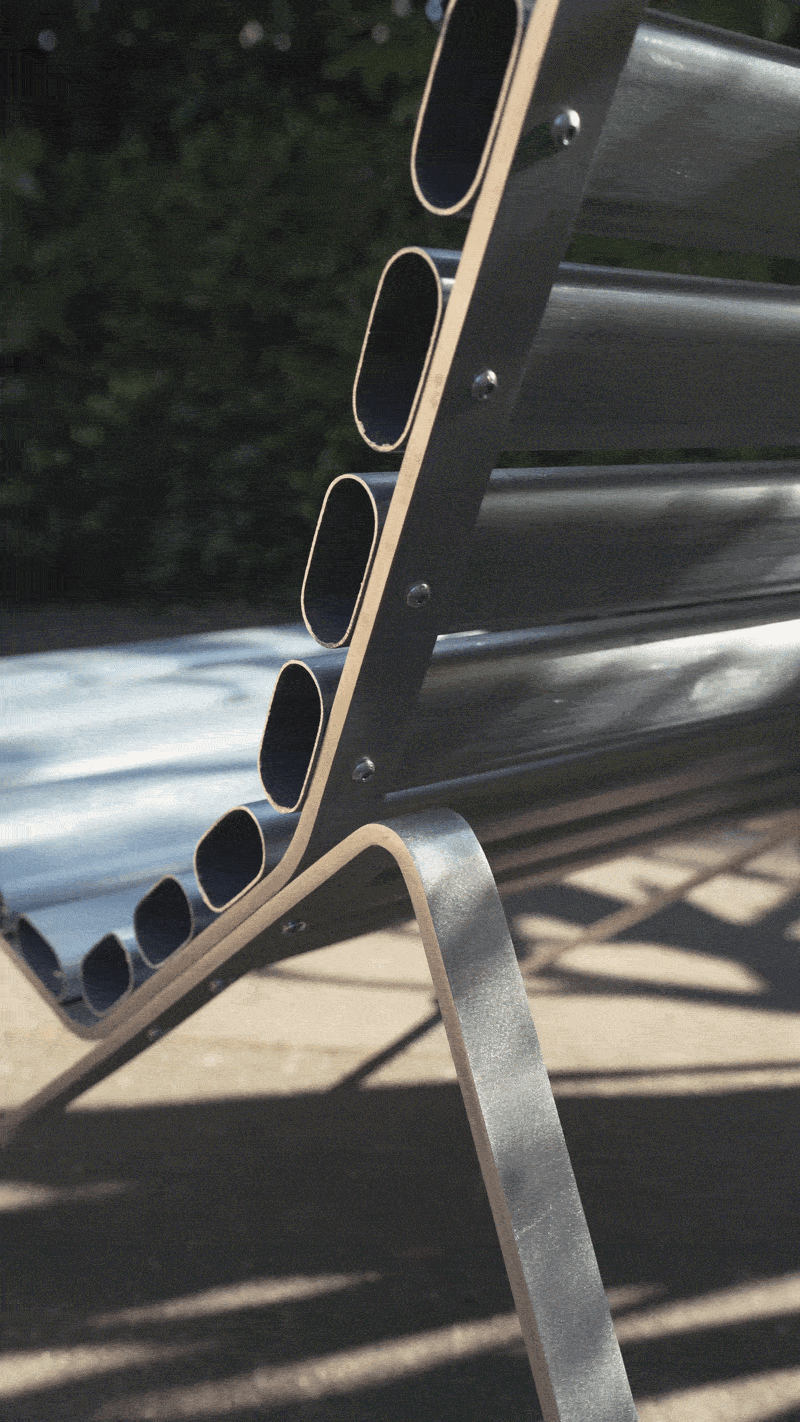 The HMG Chair by Andrew Roberts is an outdoor lounge chair defined by its clarity of structure and material restraint. Using 'off the shelf' components, the chair reduces fabrication to a minimum while remaining distinctive.