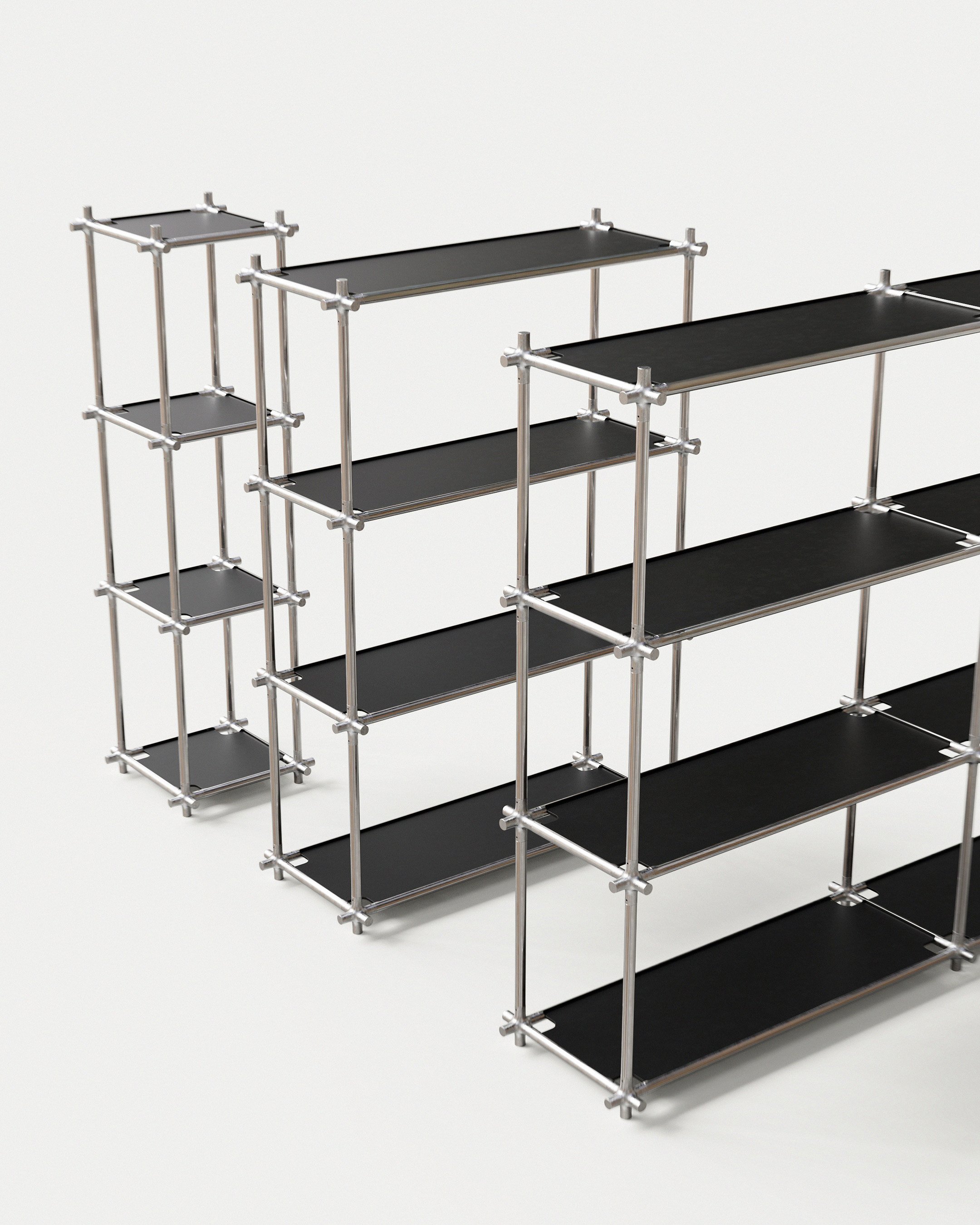 Knuckle Bones by Andrew Roberts modular shelving system featuring cast joint connectors, laser-cut steel tubing, and press-fit components arranged in a configurable structural storage layout.