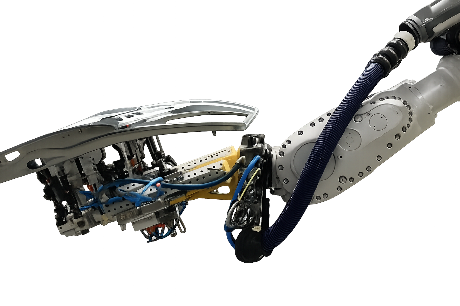 Close-up of a ABB robotic arm with a automotive door panel and plastic components and wiring, showcasing mechanical joints and a flexible blue hose.