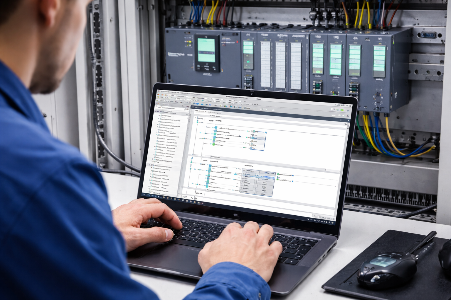 Person working on a laptop with a siemens control panel in the background.