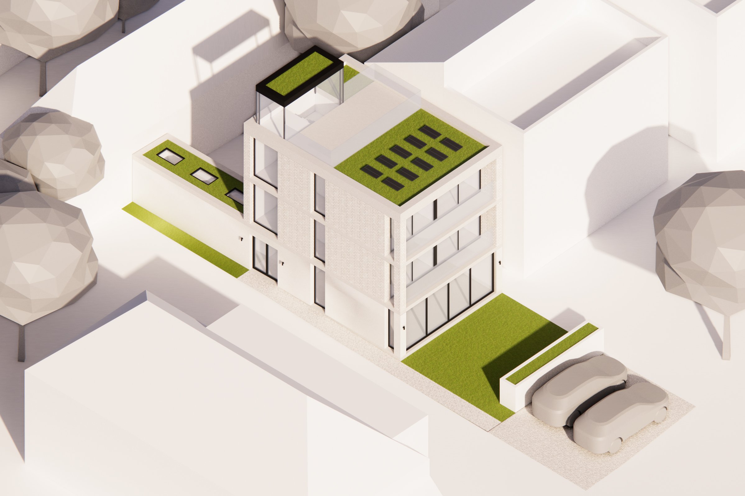 Three storey modern house green roof parking architecture property development slimline glass glazing
