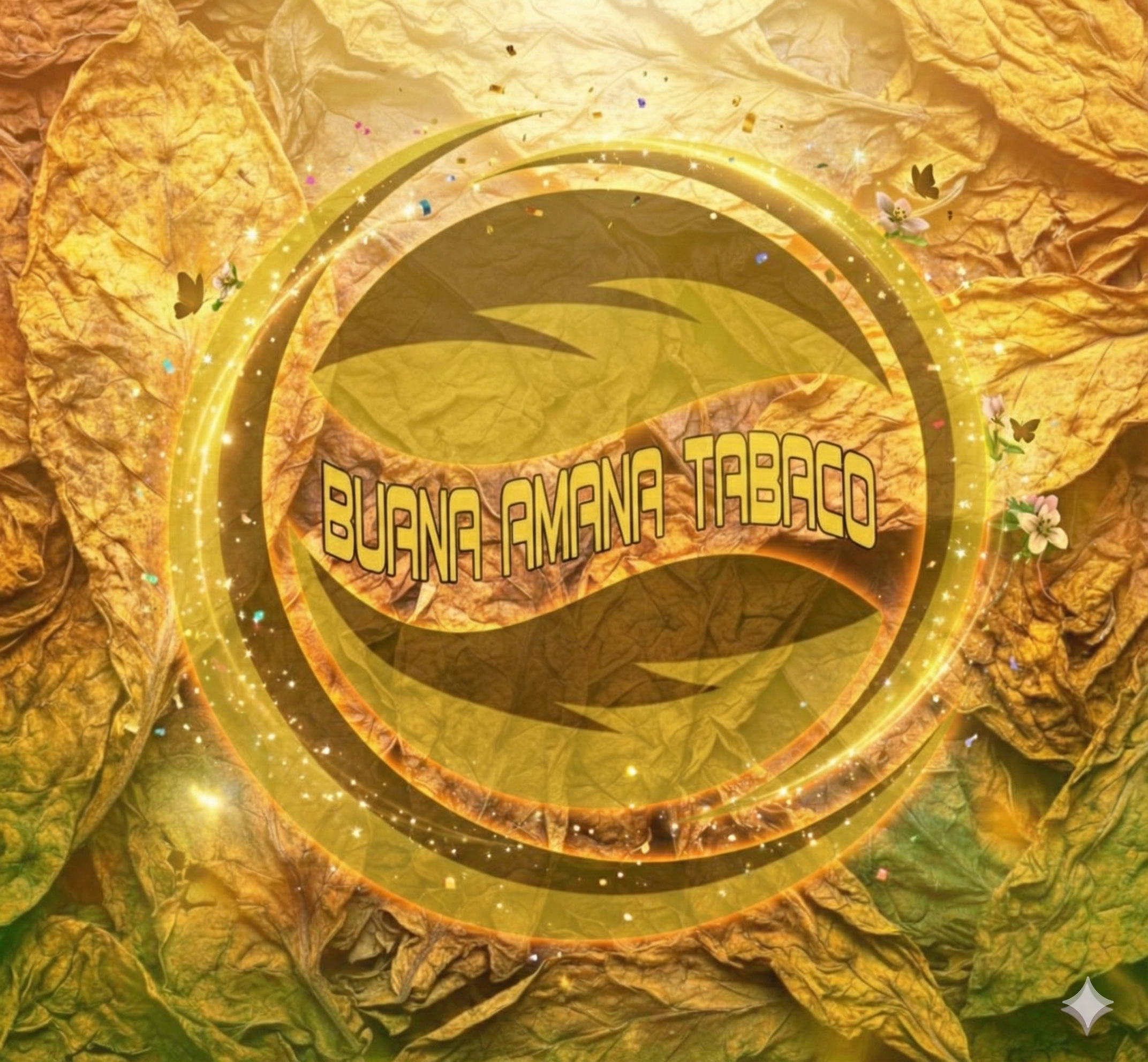Design with a background of dried yellow and brown leaves, a glowing circle with small sparkles, and the Indonesian phrase 'BUNA AMANA TABRO' in stylized yellow font.