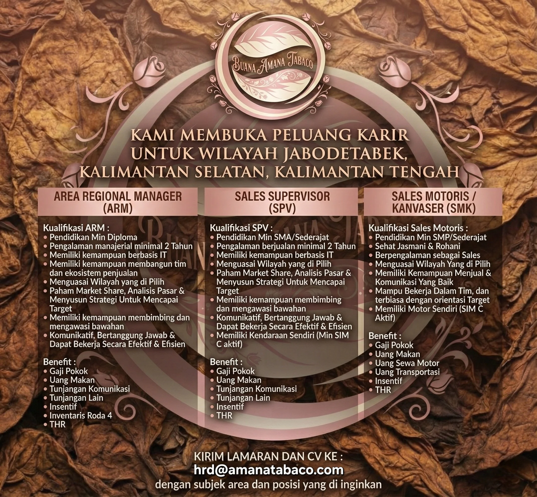 A recruitment advertisement for job opportunities in Jaboabek, South Kalimantan, Central Kalimantan with three job categories: Regional Manager, Sales Supervisor, and Motorist/Salesperson, listing qualifications and benefits for each role.