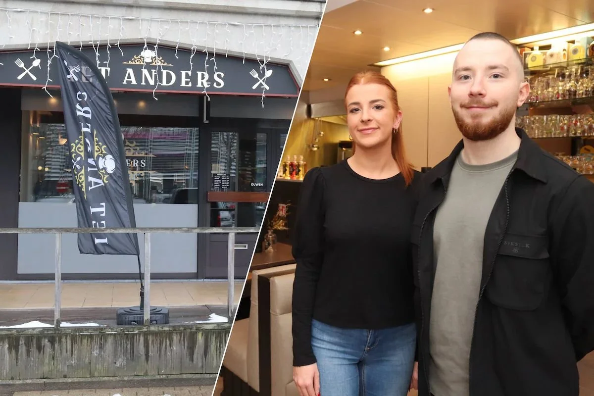 The exterior of a restaurant called 'Tom Anders' with a black flag and string lights, and an indoor scene showing a woman and a man smiling inside a dining area with shelves of glasses behind them.