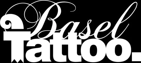 Der Schriftzug 'Basel Tattoo' in weiße Schriftart auf schwarzem Hintergrund.
