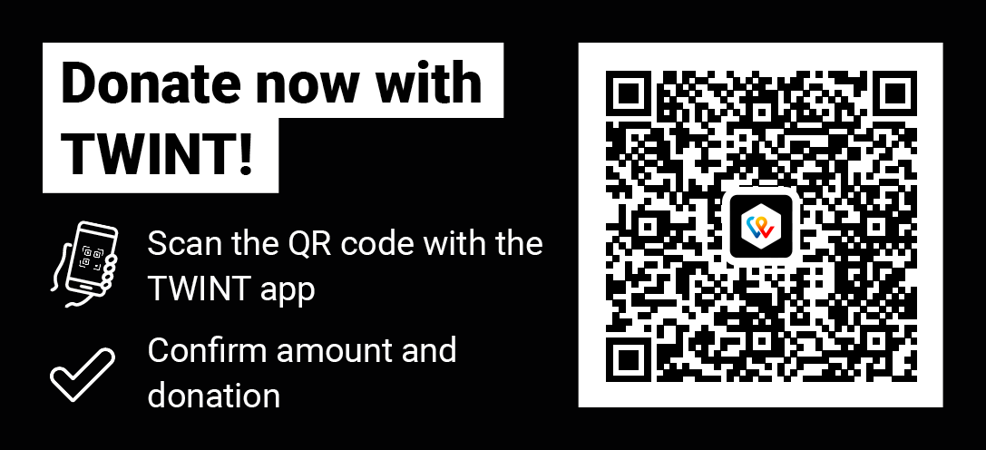 Spendenaufruf mit QR-Code, Text 'Spenden Sie jetzt mit TWINT!', Anweisungen zum Scannen des QR-Codes mit der TWINT-App, und einem Häkchen-Symbol