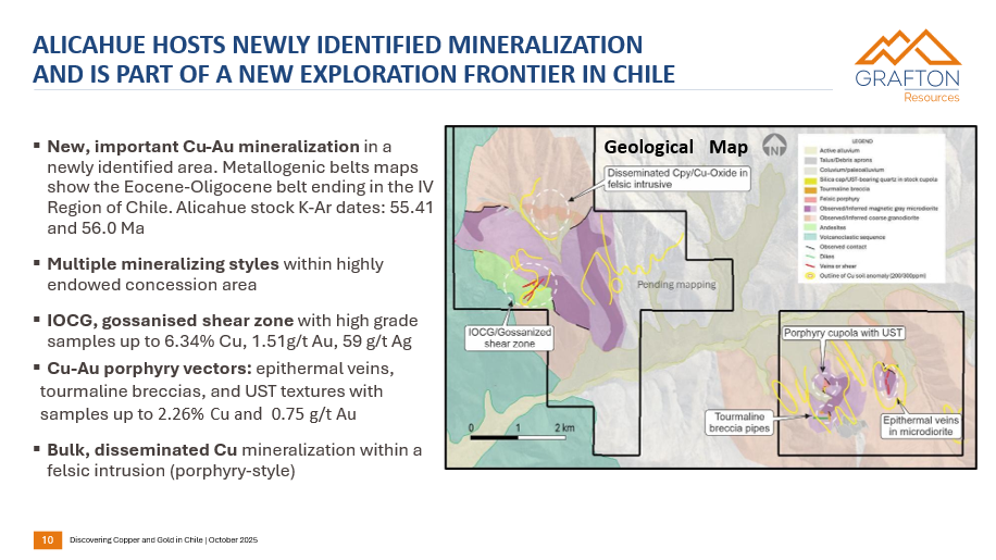 Map of a mineralization area in Chile with labels indicating geological features, mineralized zones, and mineralization styles, including disseminated Cu+Au oxidation in felsic intrusive, IOCG/gossanized shear zone, porphyry cupola with UST, and bulk disseminated Cu in felsic intrusion.