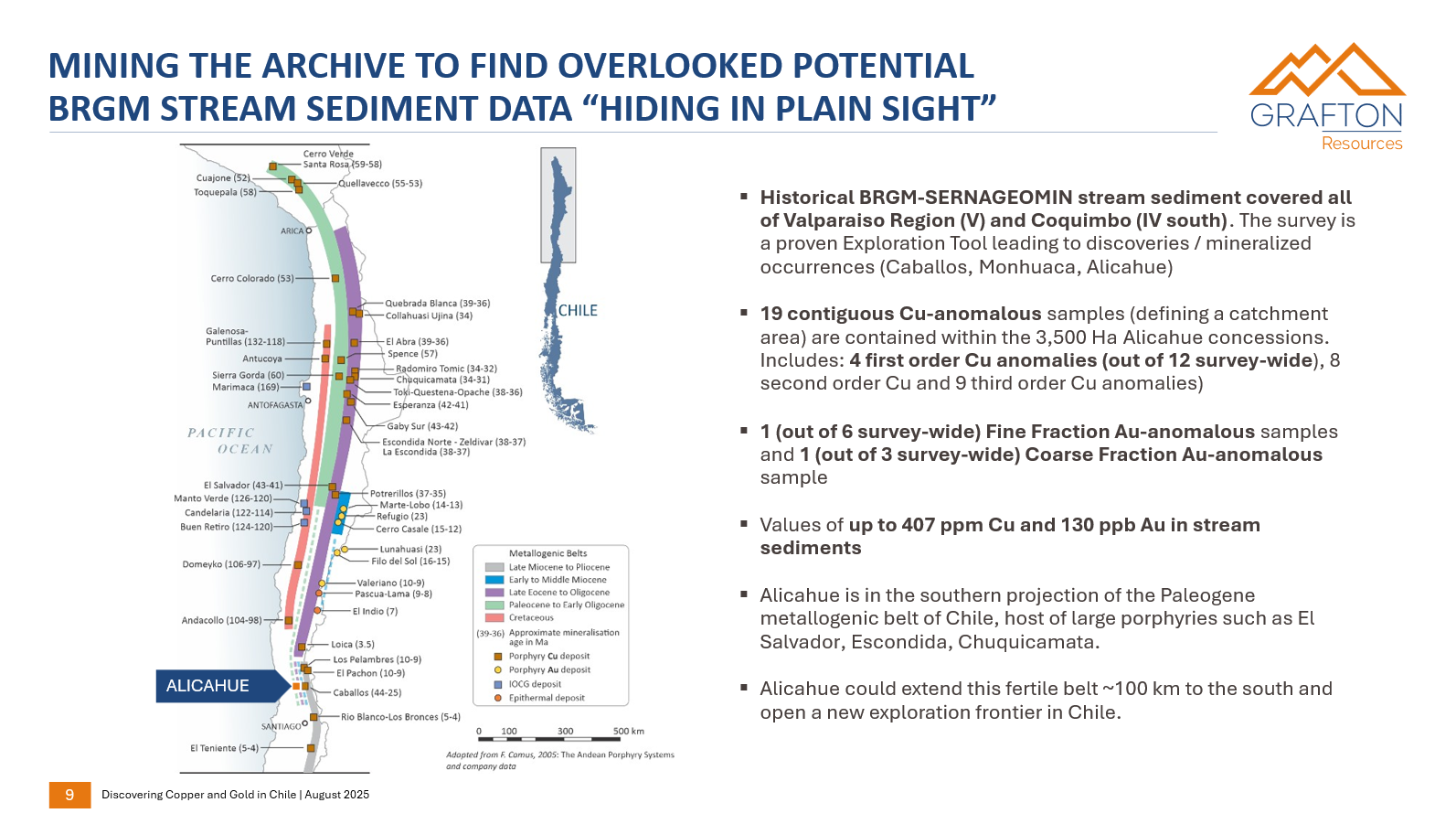 Map of Chile showing various mining sites along the western coast, with a legend indicating geological periods, mineralization ages, and types of mineral deposits. Accompanying text describes mining exploration findings related to copper and gold anomalies and historical sediment data from the Valparaiso and Coquimbo regions.