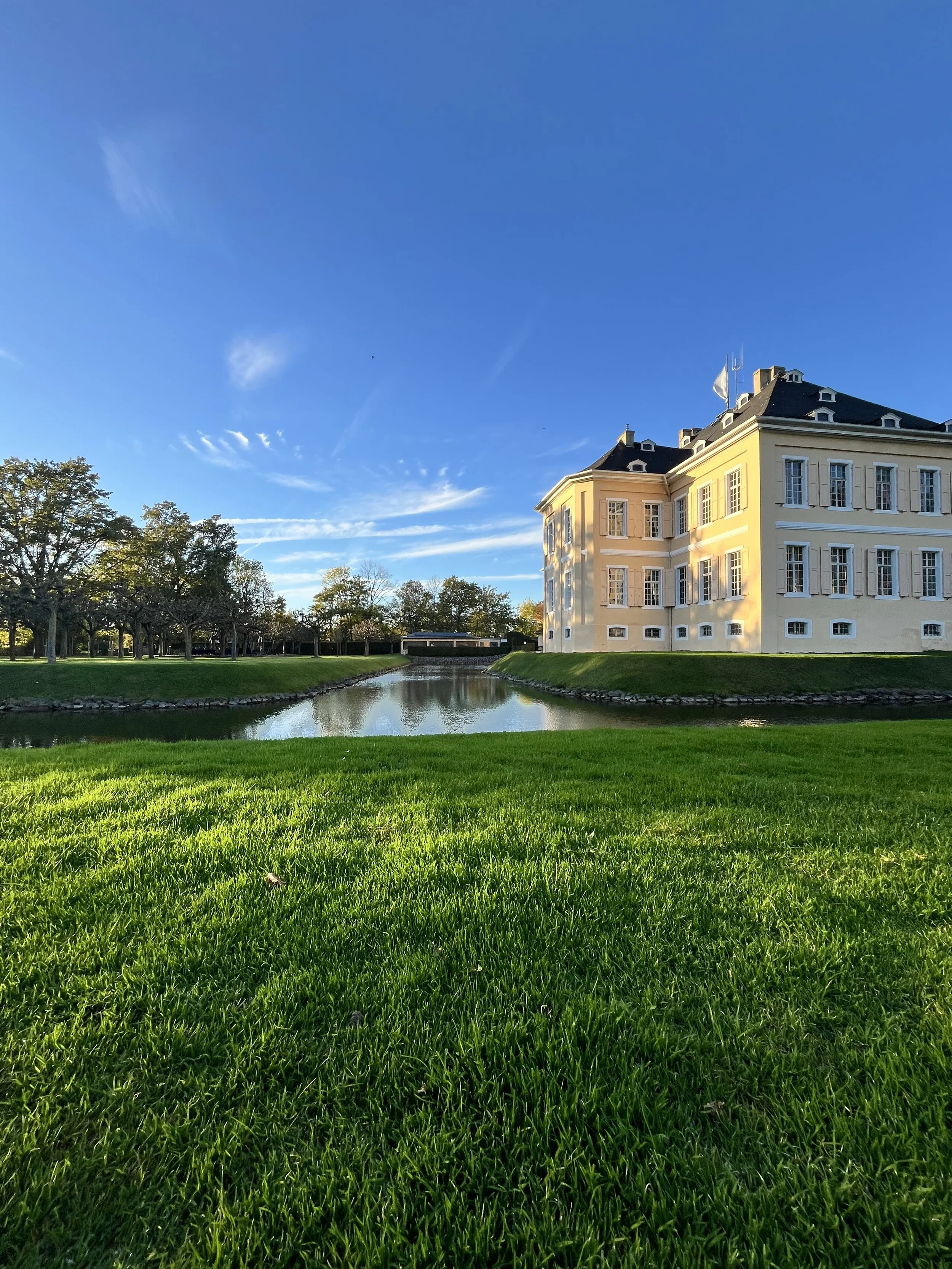 Ein großes, gelbes Schloss mit mehreren Fenstern und einem schwarzen Dach, umgeben von einer grünen Wiese und einem Wassergraben, unter einem blauen Himmel.