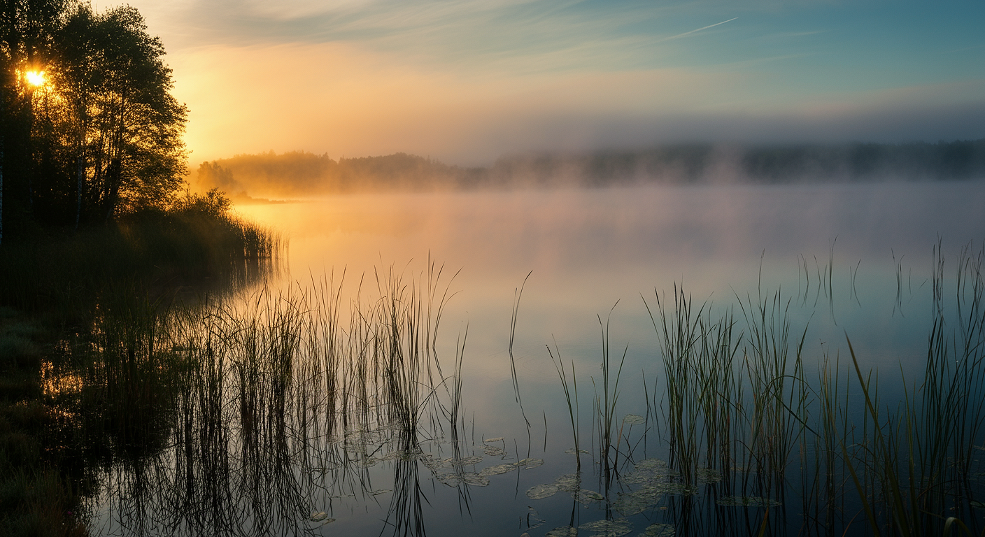 Ein ruhiger See mit Nebel, reflektiert den Himmel und den Sonnenaufgang, umgeben von Bäumen und Wasserpflanzen.