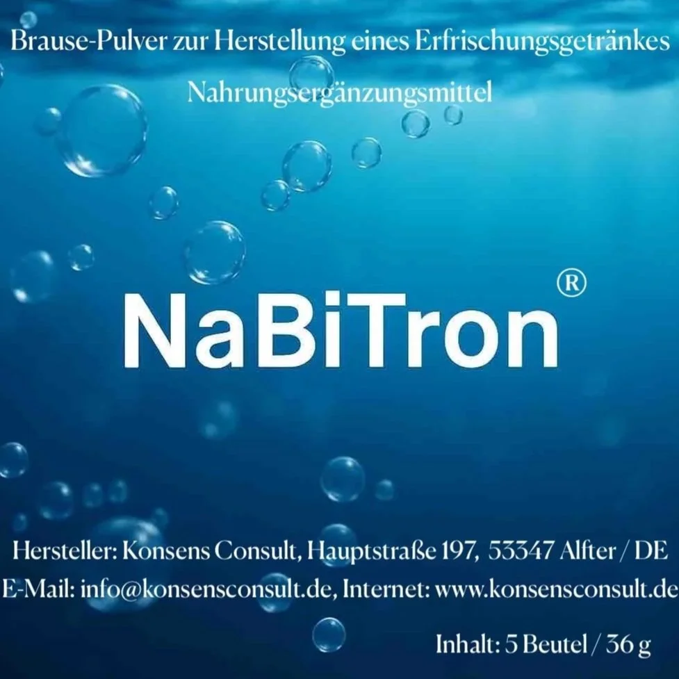 Produktverpackung für ein Nahrungsergänzungsmittel namens NaBiTron, das als Brause-Pulver zur Herstellung eines Erfrischungsgetränks beschrieben wird, mit Blasen im Wasserhintergrund und Herstellerinformationen.