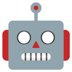 Un robot de dessin animé avec une tête grise, des oreilles rouges, un nez rouge, des yeux blancs vides et une bouche avec des dents blanches.