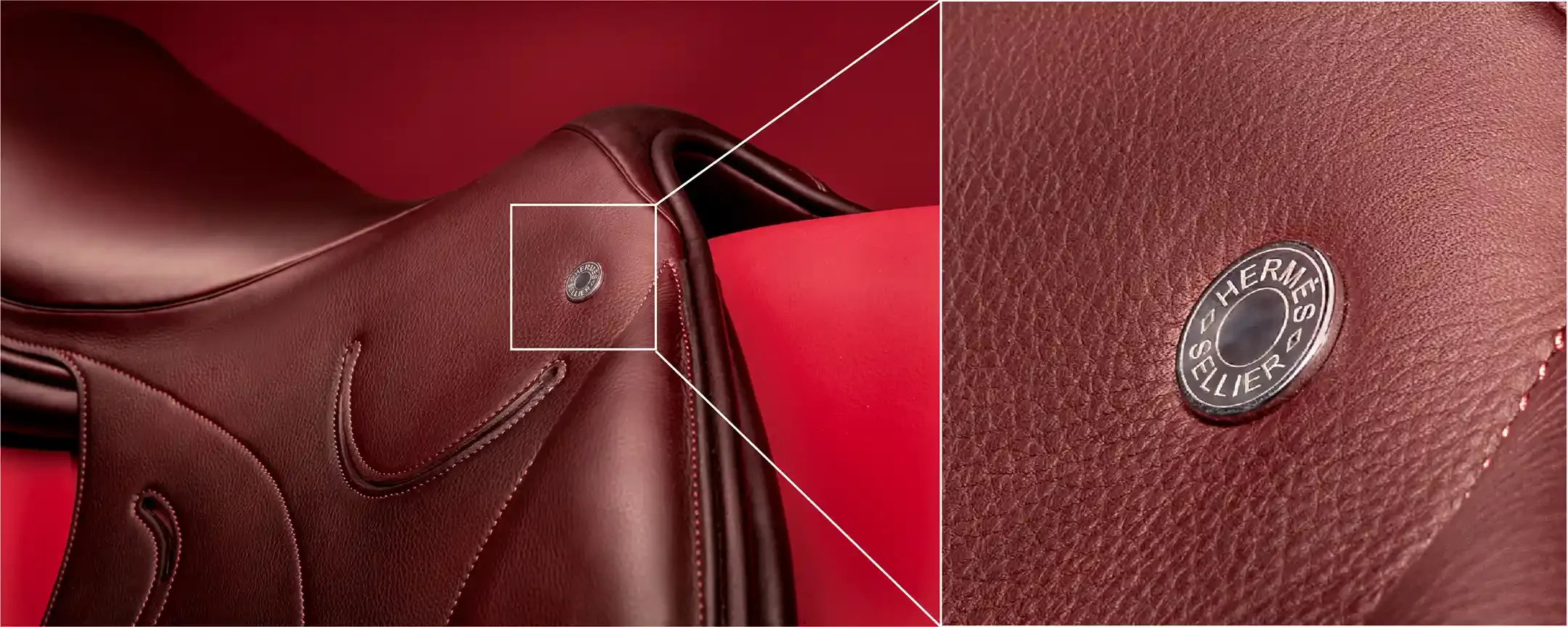 Gros plan d'un sac Hermès en cuir rouge avec un détail montrant la bague en métal gravée Hermès sur la surface du cuir.