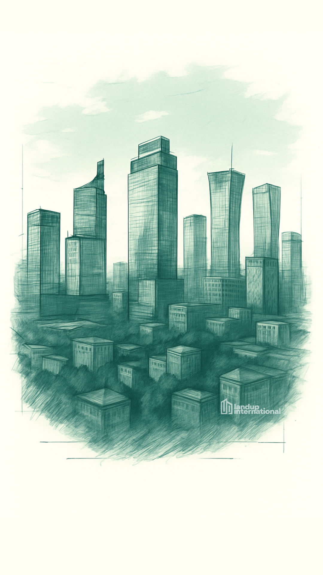 Sketch of a city skyline with tall modern skyscrapers and smaller buildings in the foreground, branded with a 'landup international' logo.