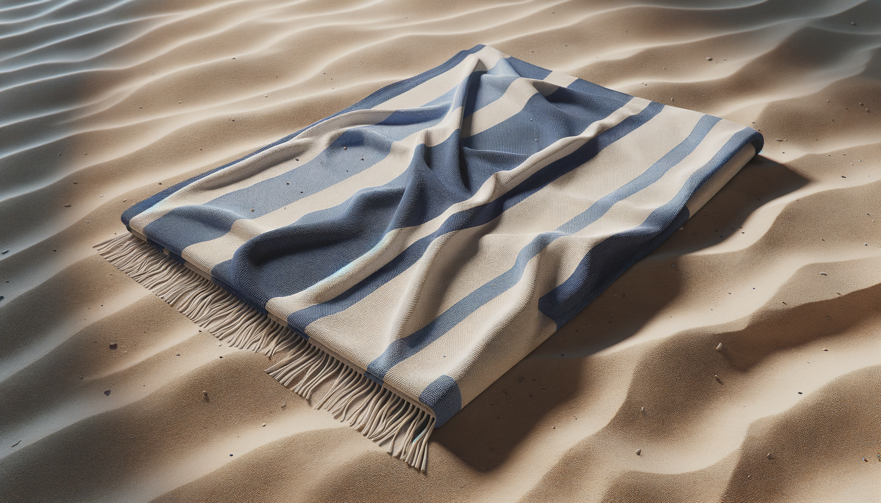 Toalla azul y blanca en la arena del desierto