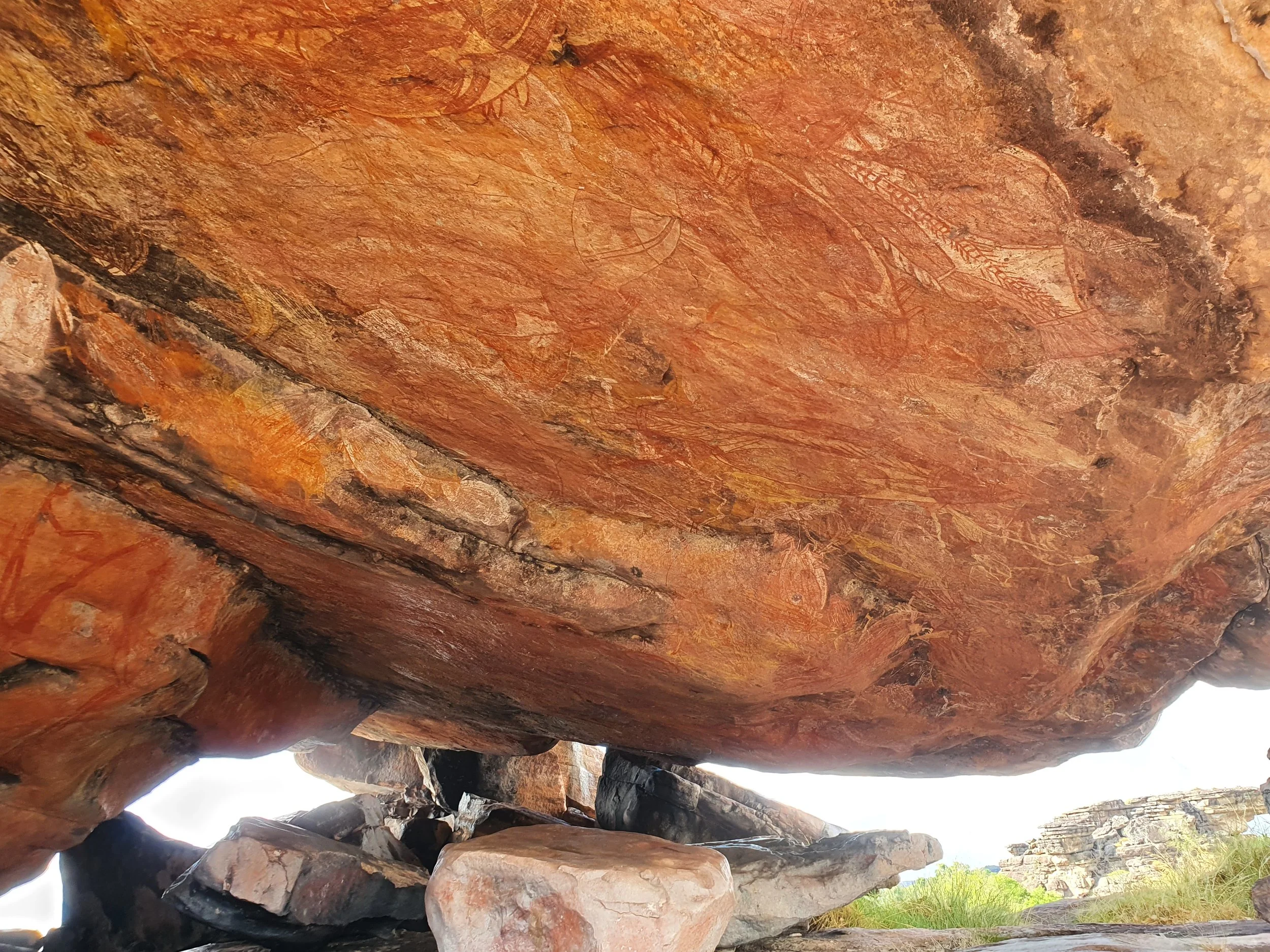 Large reddish-brown rock formation with engraved petroglyphs, situated outdoors with vegetation visible at the bottom.