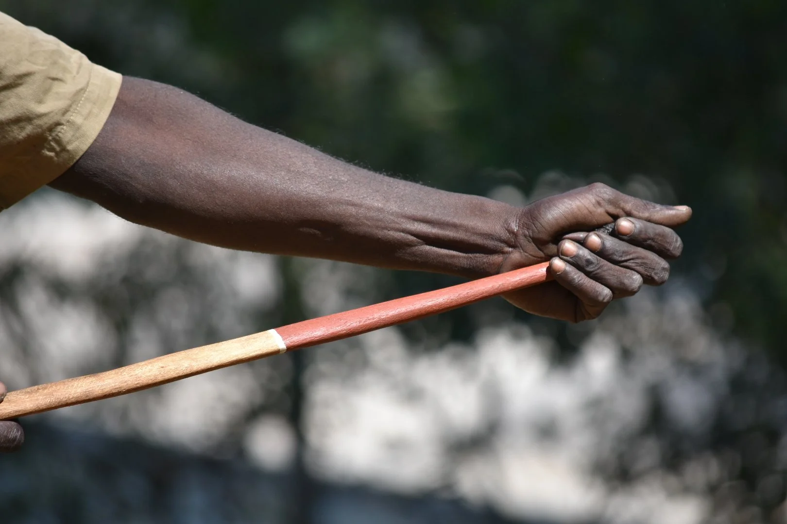 Close-up of a person's hand holding a stick, with the person's arm extended outward. The background is blurred with dark and light areas.