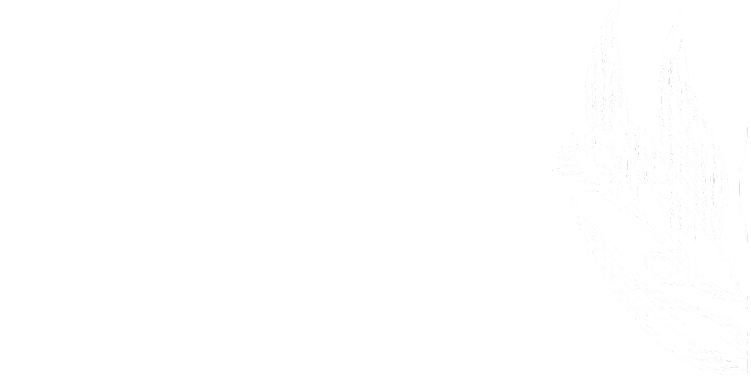 White line drawing of a tiger's face with its mouth open on black background.