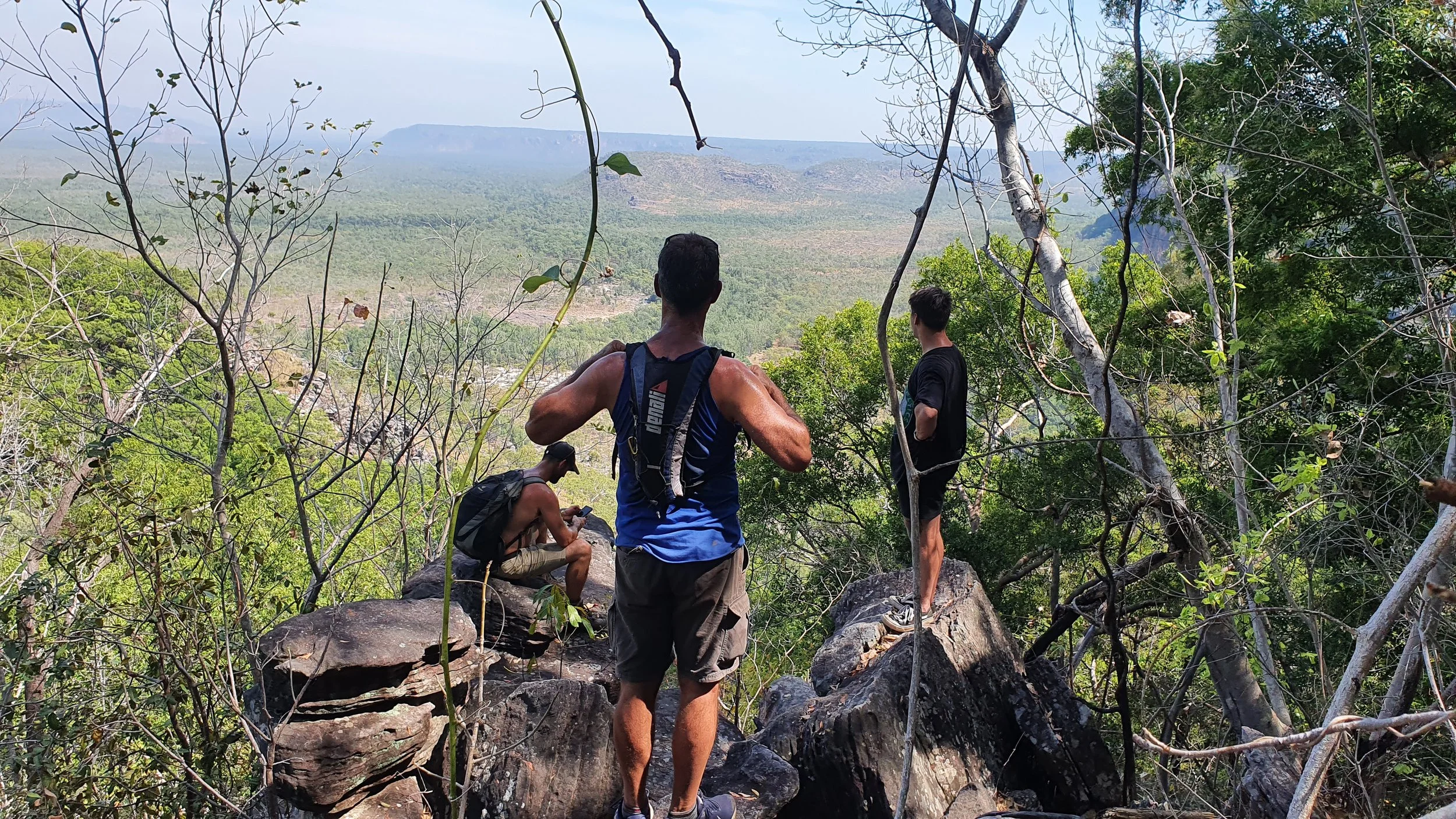 A group of hikers on a rocky trail in a forest overlooking a valley with hills.