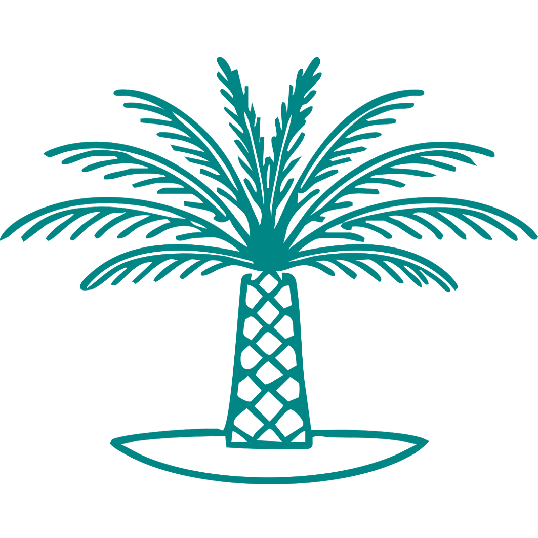 Blue stylized palm tree illustration on black background.