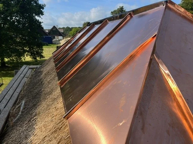 Tag med solpaneler installeret på et tag, med en baggrund af grønne træer og en landsby.