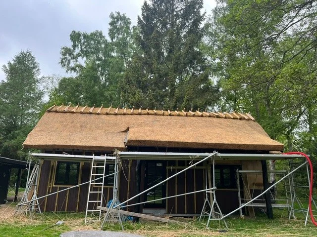 Et fritidshus under opførelse med nyt stråtag, omgivet af skov, med stilladser foran.