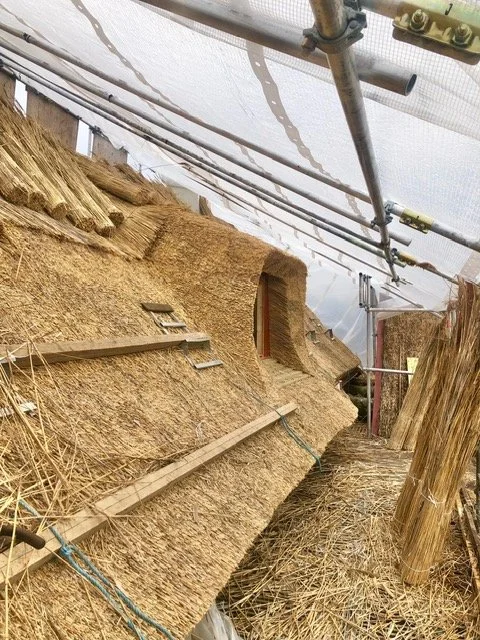 Renovering af tage med stråtag og stilladser.
Tækkemand Nordsjælland Furesø Tækkeentreprise ApS