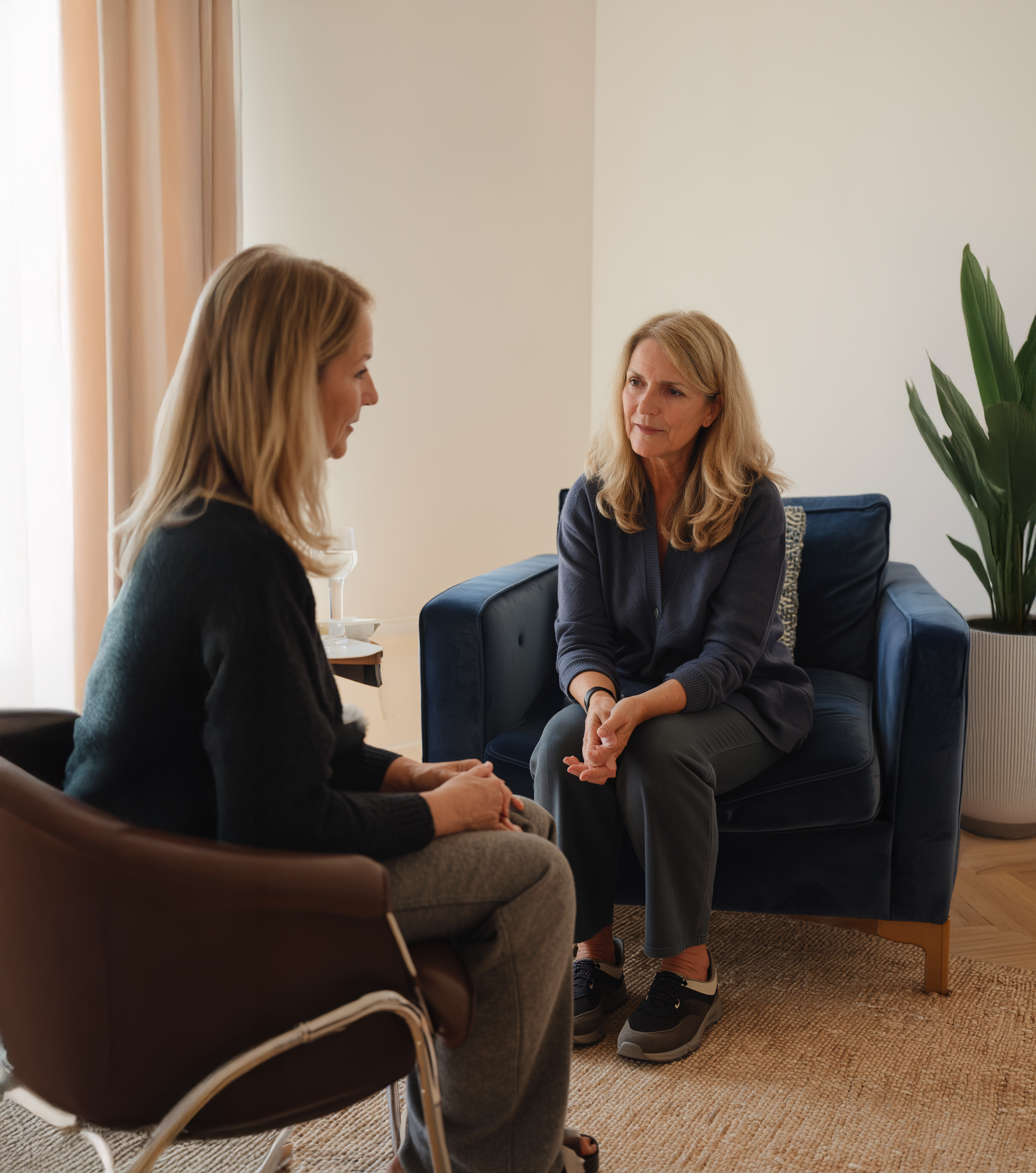 Barbara McDonald führt ein Gespräch in einem gemütlichen Raum mit einem blauen Sofa und einer großen Pflanze.