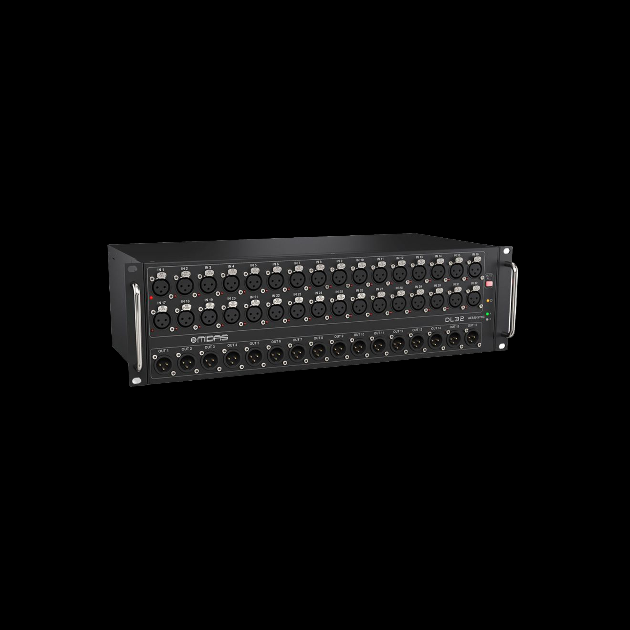 Angled view of the Midas DL32 professional digital stage box